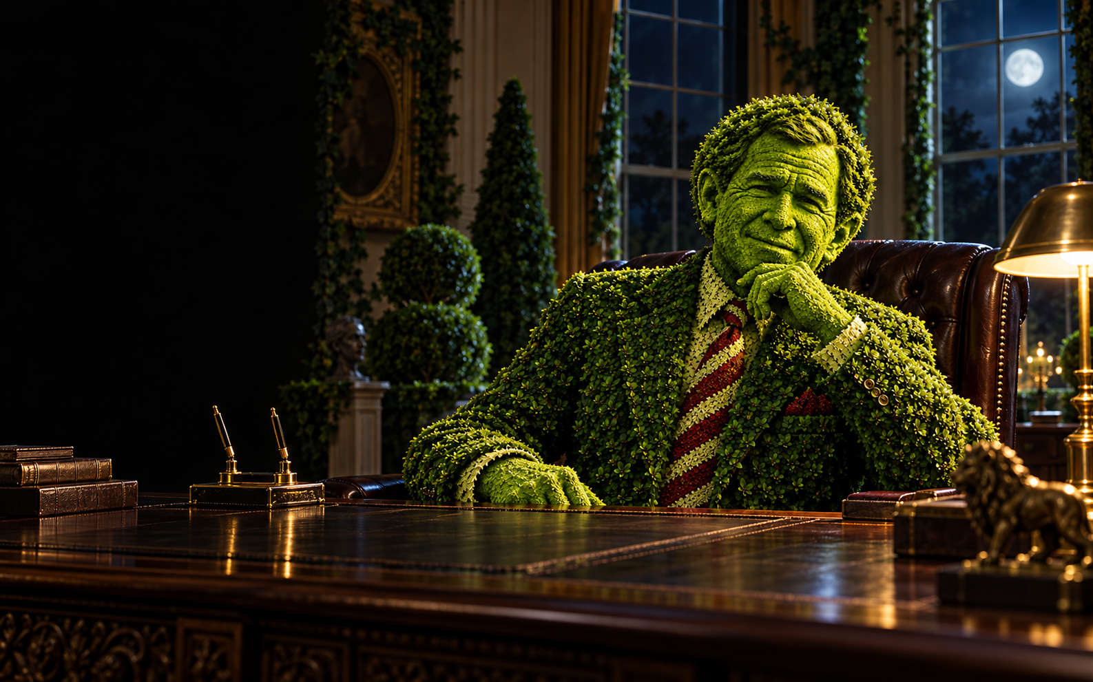 A topiary statesman seated behind a stately desk at night