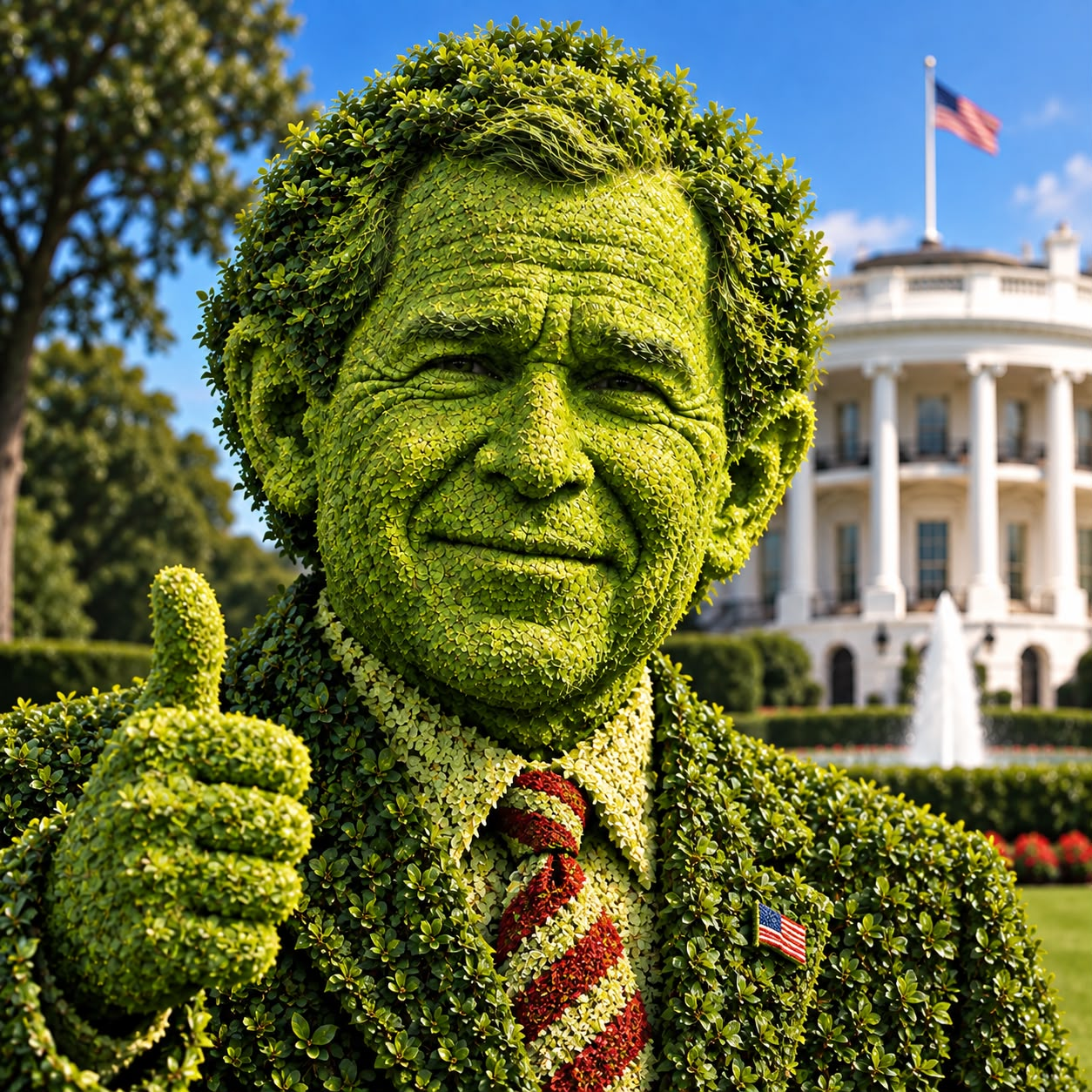 Close portrait of the $BUSH topiary commander giving a thumbs up